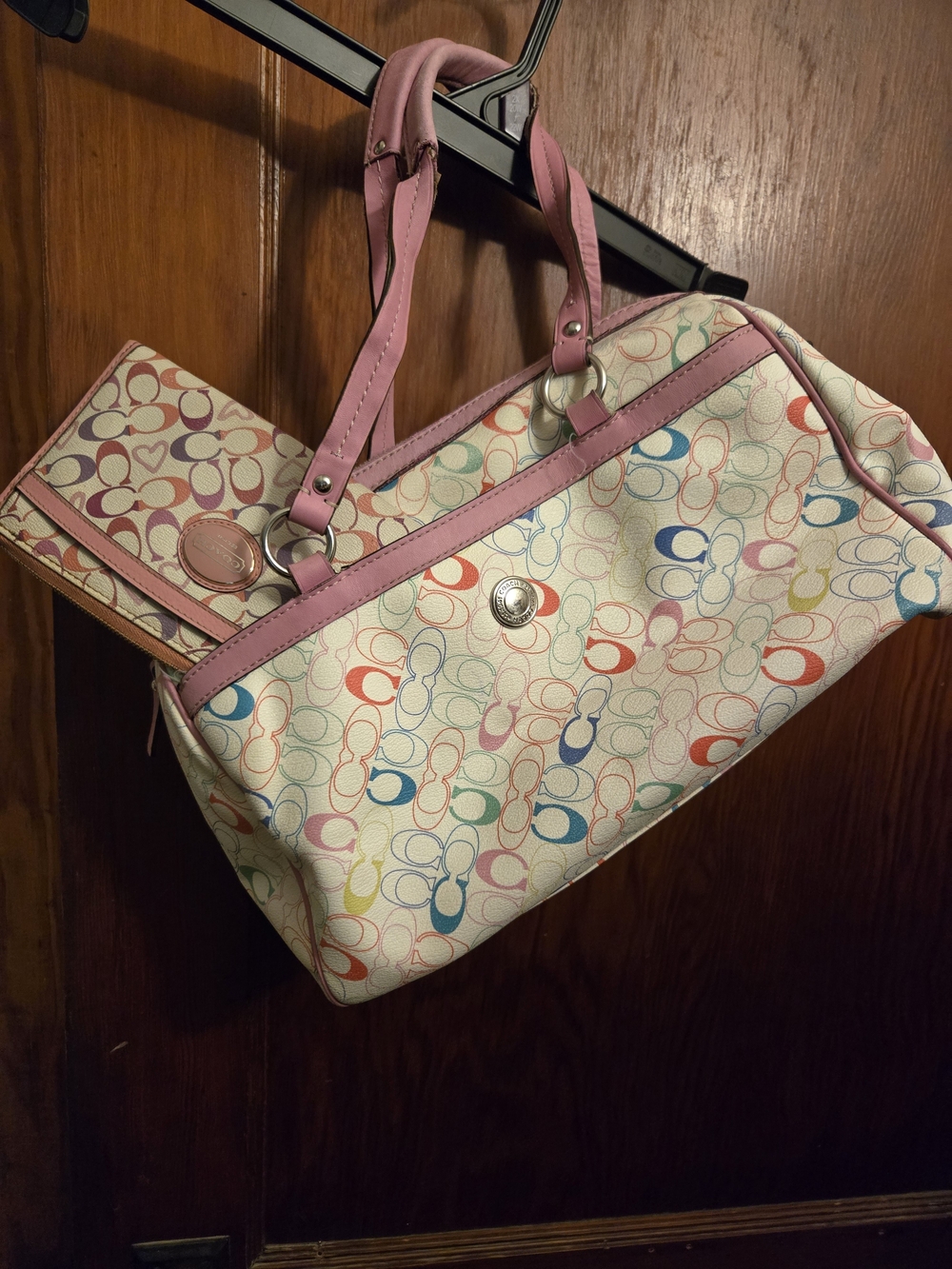Coach Multicolor Signature Shoulder Bag with Pink Trim and Handles And Wallet